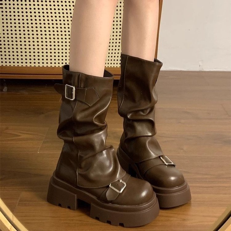 Size 35-40 Retro Belt Buckle Mid Tube Boots for Women New Style Solid ...