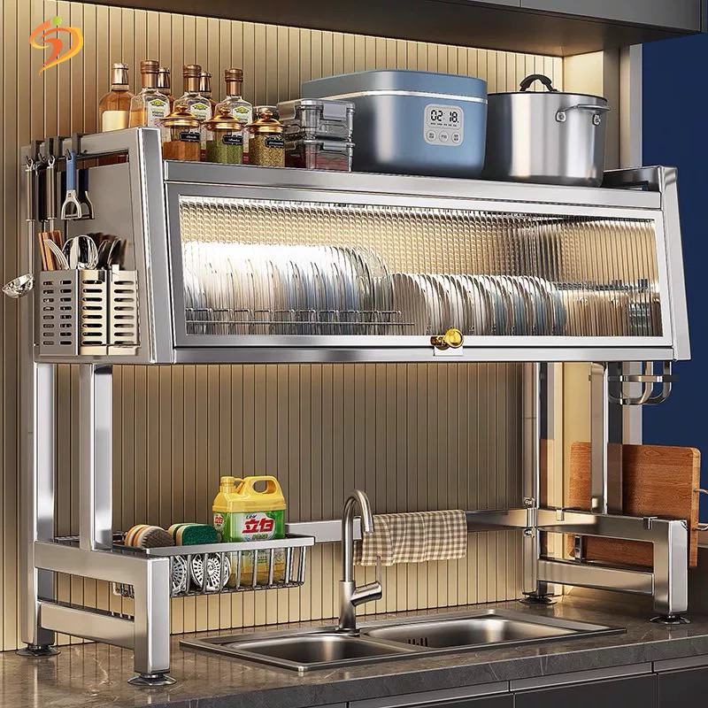 SJ 304 Stainless Steel Dish Rack With Cover Kitchen Dish Cabinet Over ...