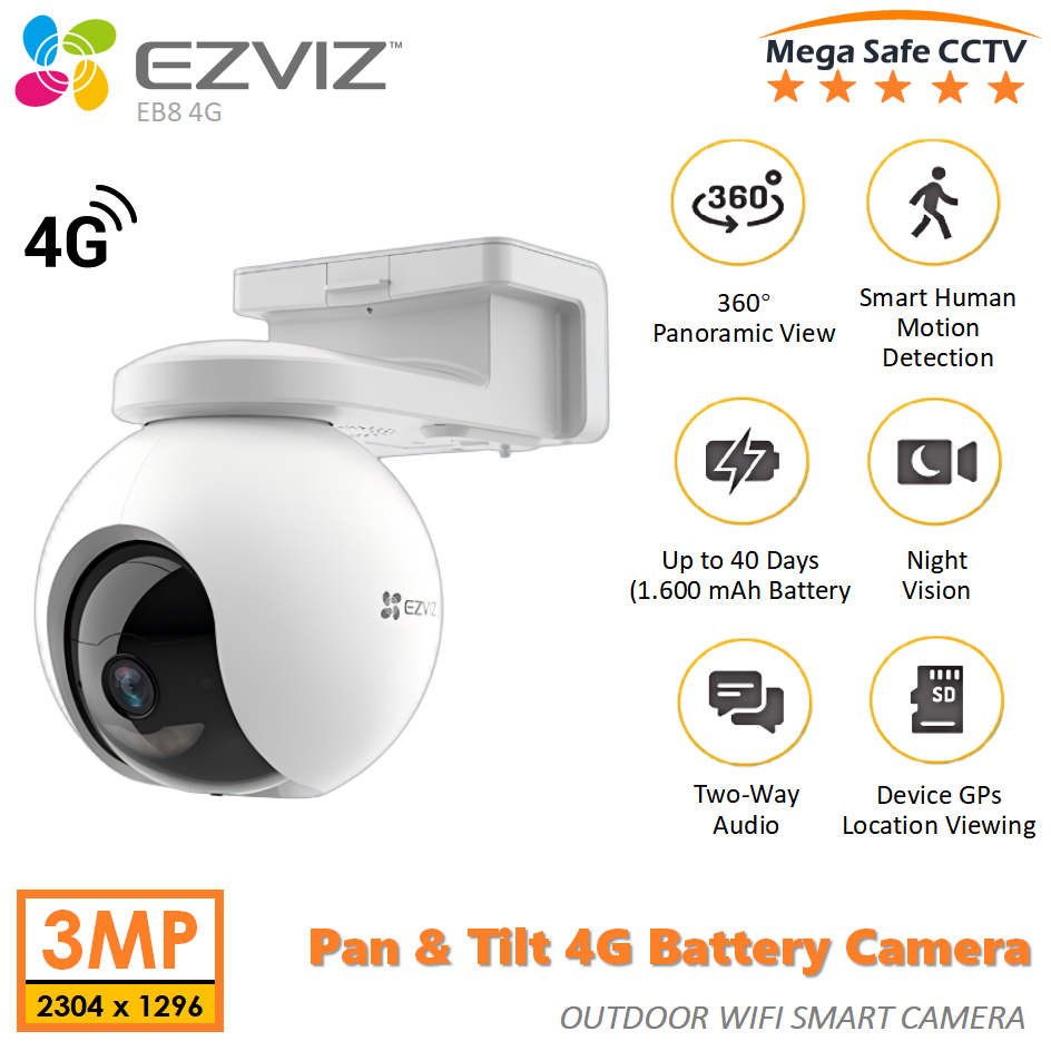EZVIZ EB8 4G 2K/3MP Pan & Tilt 4G Battery Camera Outdoor CCTV CAMERA ...