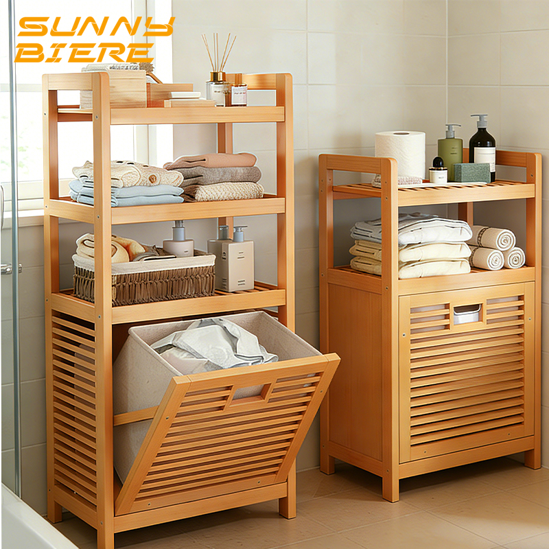 Bamboo Laundry Hamper Shelf Two Sections Dirty Clothes Basket With Flip ...