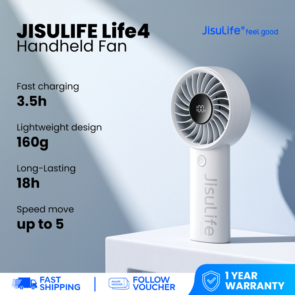 JISULIFE Handheld Fan Life4 with 5000mAh Battery Portable Turbo Fans Fast Charge Mini Rechargeable Small Cooling Electric Hand Fan Strong Wind for Travel Students Digital Display
