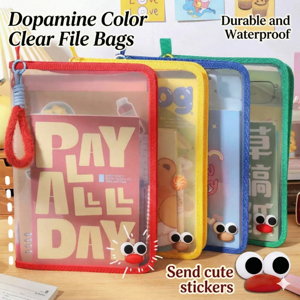A4 Transparent Zipper File Bag Dopamine Color Mesh Storage Pouch with ...