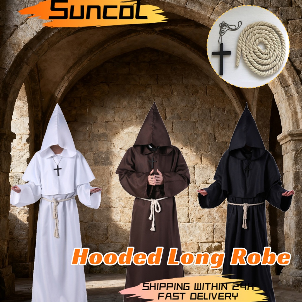 Medieval Monks Hooded Long Robe Priest Wizard Robe Halloween Cosplay ...