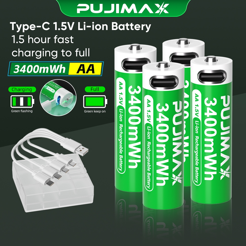 PUJIMAX Rechargeable Lithium Battery 1.5V 3400mWh AA Type-c Charging ...