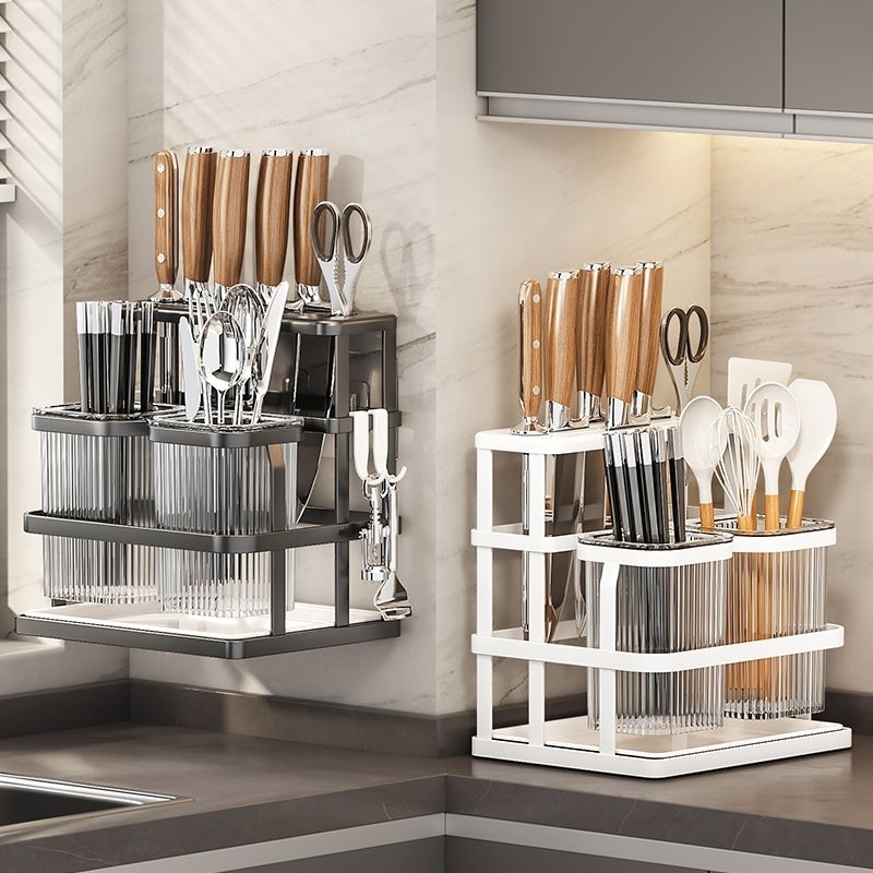 Kitchen Knife and Chopsticks Holder with Drain Tray Wall Mounted ...