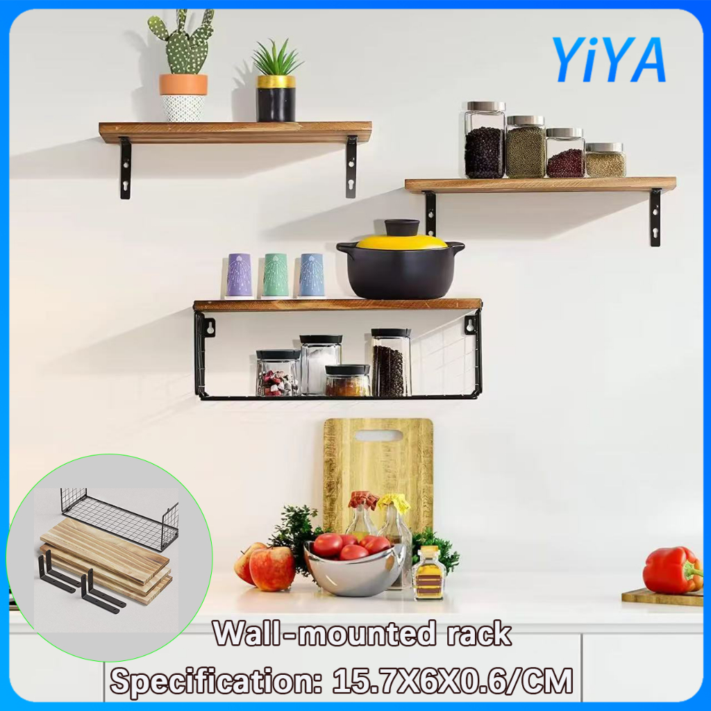 Three-layer storage rack with wall-mounted multi-level wooden structure ...