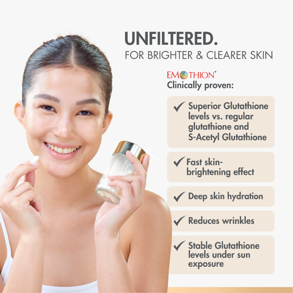 VITAPACK UNFILTERED Emothion 200mg S-Acetyl Glutathione with Oral Sunblock  Hyaluronic Acid 30caps | Shopee Philippines