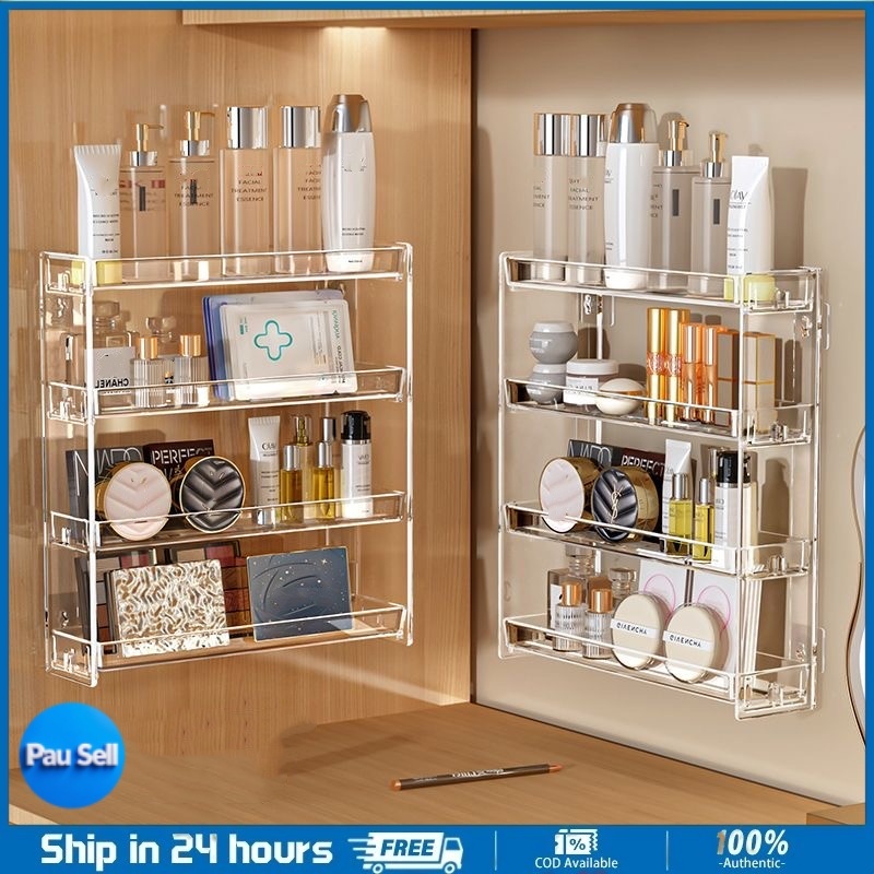 Wall Mounted Makeup Storage Rack Acrylic Transparent Design Punch Free ...