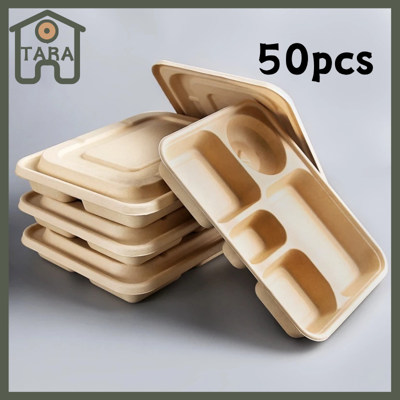 50pcs Sugarcane Bento Box With Lid 3/4 Compartment Bagasse Food ...