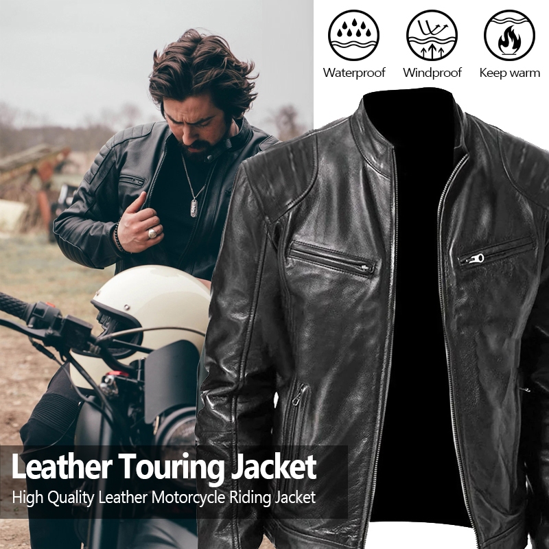 Men's Motorcycle Riding Leather Jacket Stand-Up Collar Slim Fit ...