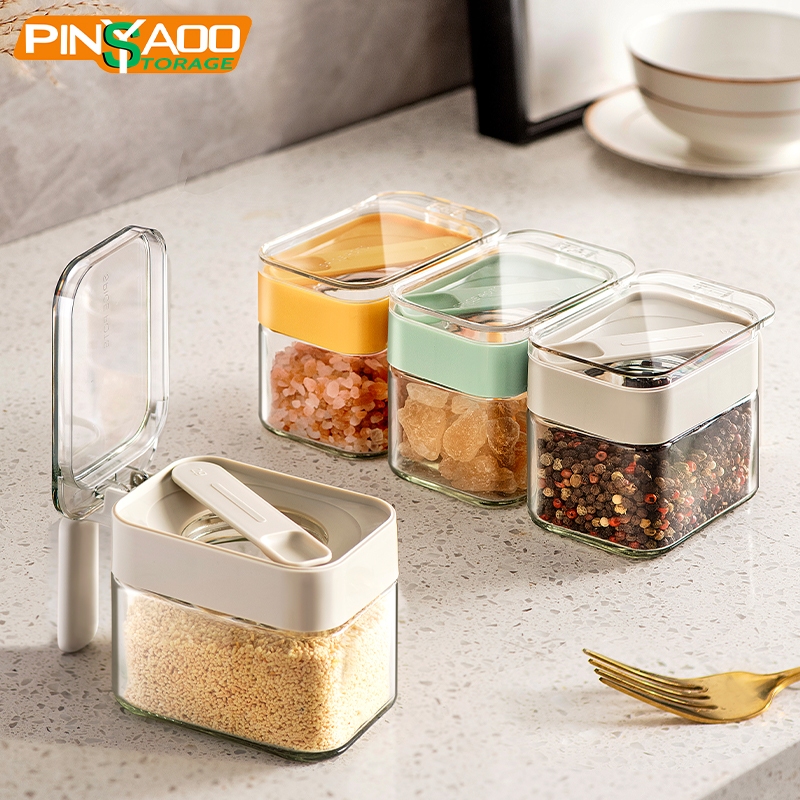 Kitchen Glass Storage Jars Spoon-and-Lid Separable Seasoning Box ...