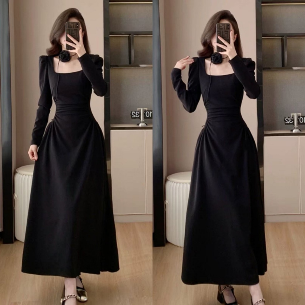 black dress shopee Black casual party elegant long summer korean floral fitted dress for women  plus size cocktail dress