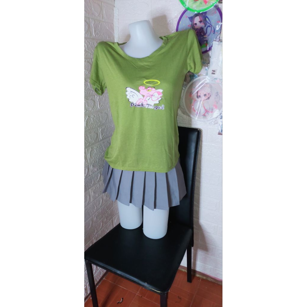 moss green sexy female shirt blouse with pink panther angel design S-M ...