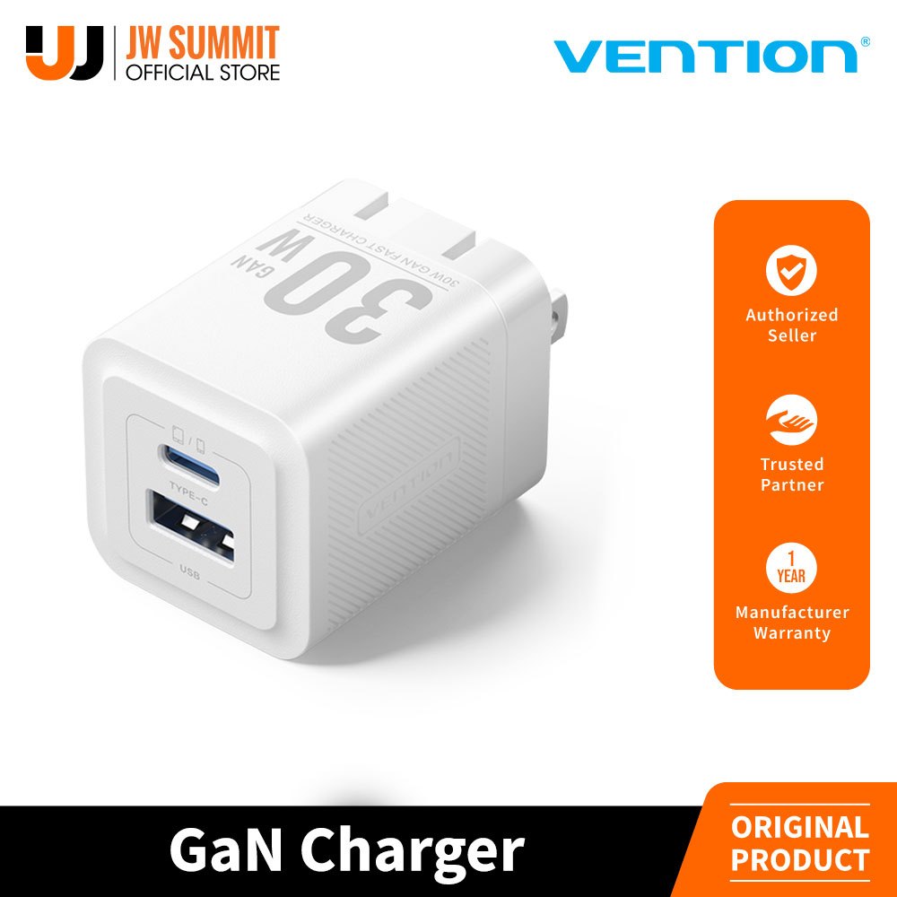 Vention GaN Charger 2-Port USB (C + A) (30W/30W) Charge Up to 2 Devices ...