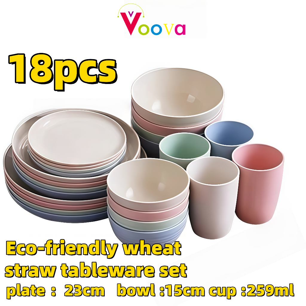 VOOVA 18-piece Wheat Straw Tableware Set | Unbreakable Lightweight ...