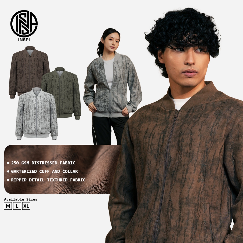 INSPI Ripped-Texture Bomber Jacket Distressed Full-Zip with Pockets and ...