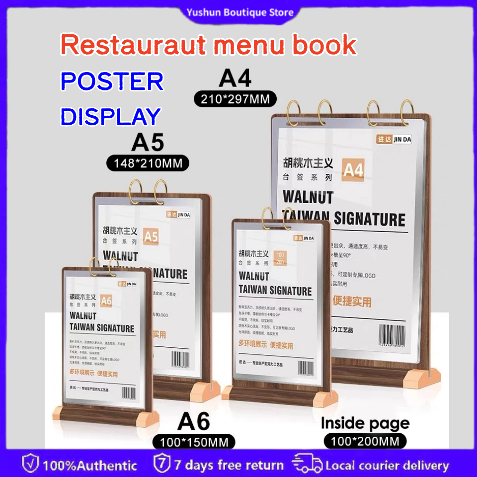 A4 Walnut Flip Table Card PVC Menu Binder Display Stand Wooden Desktop ...