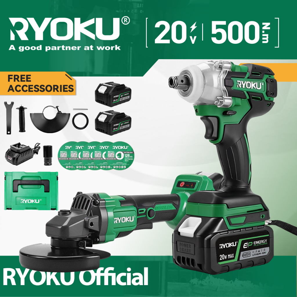RYOKU 500N.M Brushless Wrench & Angle Grinder Power Tools Set | Shopee ...