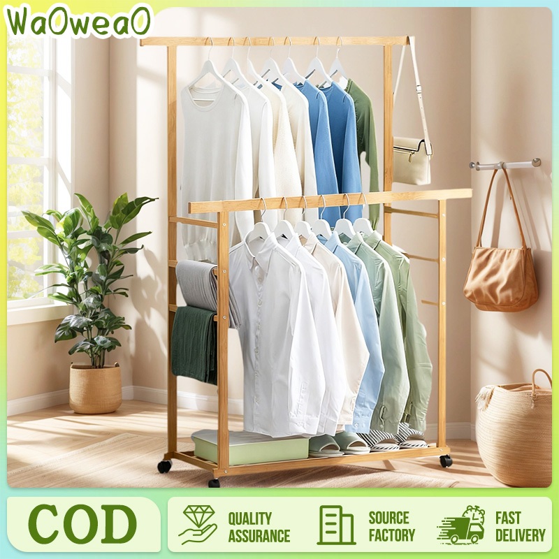 Clothes Rack Drying Rack With Wheels Moveable Wooden Clothes Hanger ...