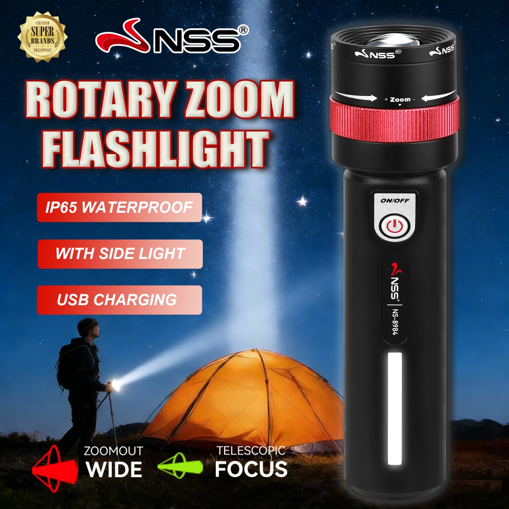 NSS LED Flashlight Portable Rechargeable Rotary Torch Hiking Waterproof ...