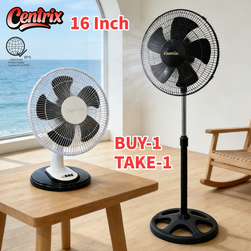 Centrix 16 inches Stand Fan + Desk Fan 5-Blades 3-Speed Cool Wind 12H ...