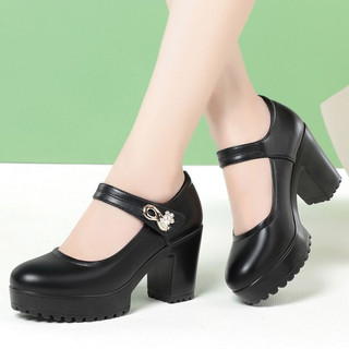 Black Rhinestone Buckle Mary Jane Shoes Chunky Heel Platform Footwear ...