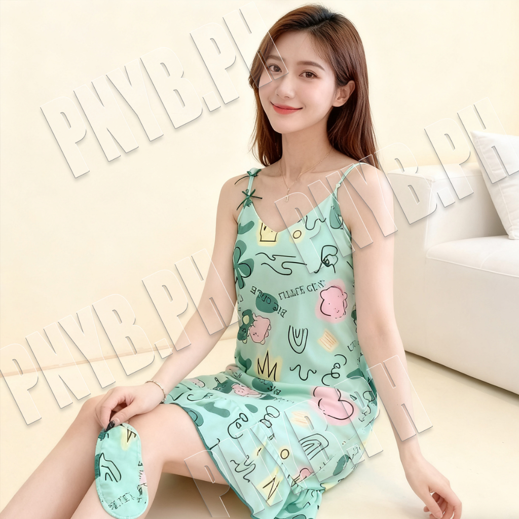Cute Spaghetti Night Dress for Women Pajama Sleepwear Ruffle Pambahay  Padding with Eye mask #1 | Shopee Philippines