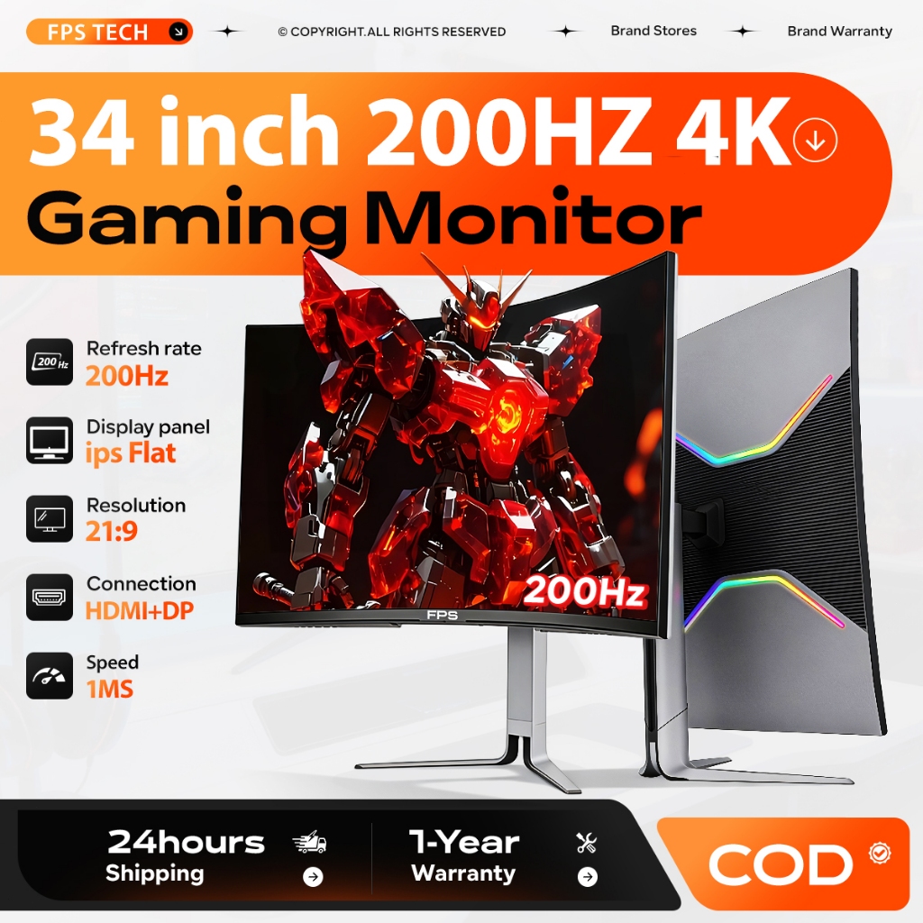 FPS 34 Inch Gaming IPS Monitor 4K 200HZ Curved with backlight 1ms ...