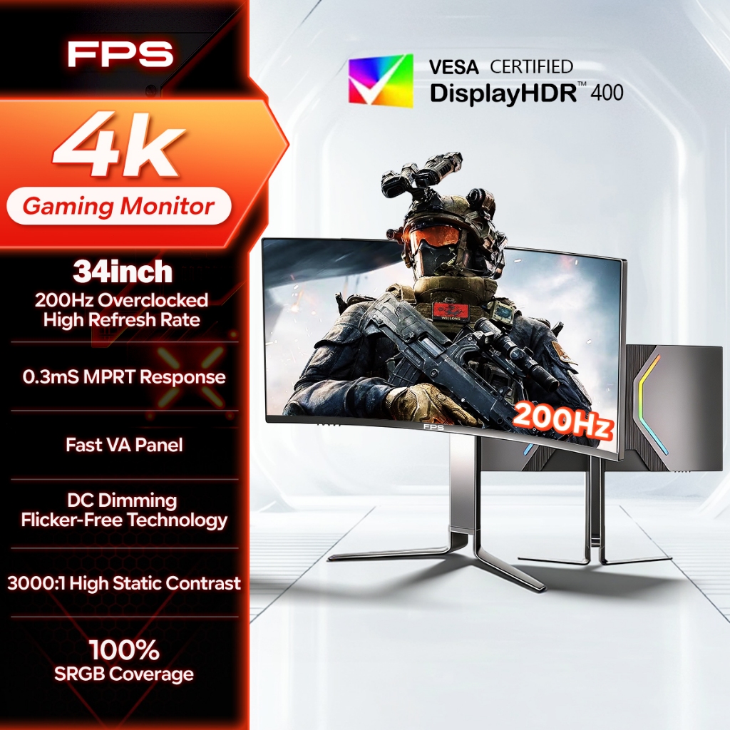 FPS 34 Inch Gaming Monitor 4K QHD Ultrawide Curved Monitor 1ms 200Hz ...