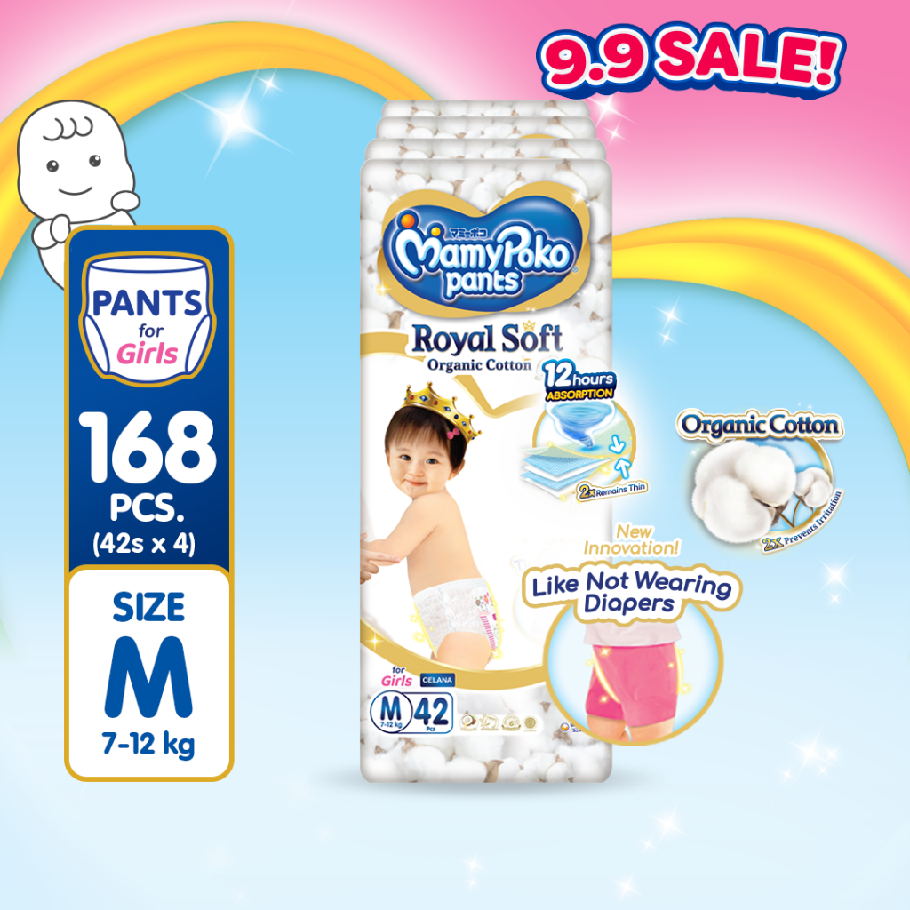 MAMYPOKO Royal Soft Organic Cotton Baby Diaper Pants Girl Medium 42 pcs x  packs (168 pcs)