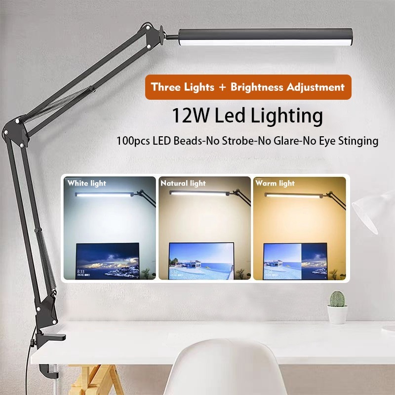 LED Folding Metal Desk Lamp Clip On Light Clamp Long Arm Table Lamp ...