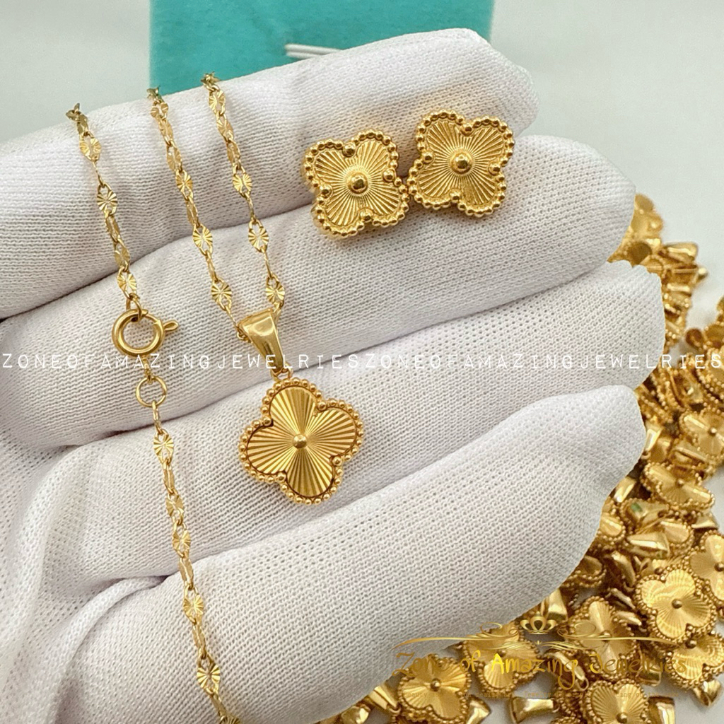 zoaj.ph Clover Fourleaf Gold Necklace and Earrings Set Stainless Steel ...