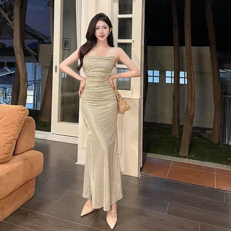 korean elegant party sexy fitted glitter halter champagne gold dress formal  for woman wedding guest | Shopee Philippines