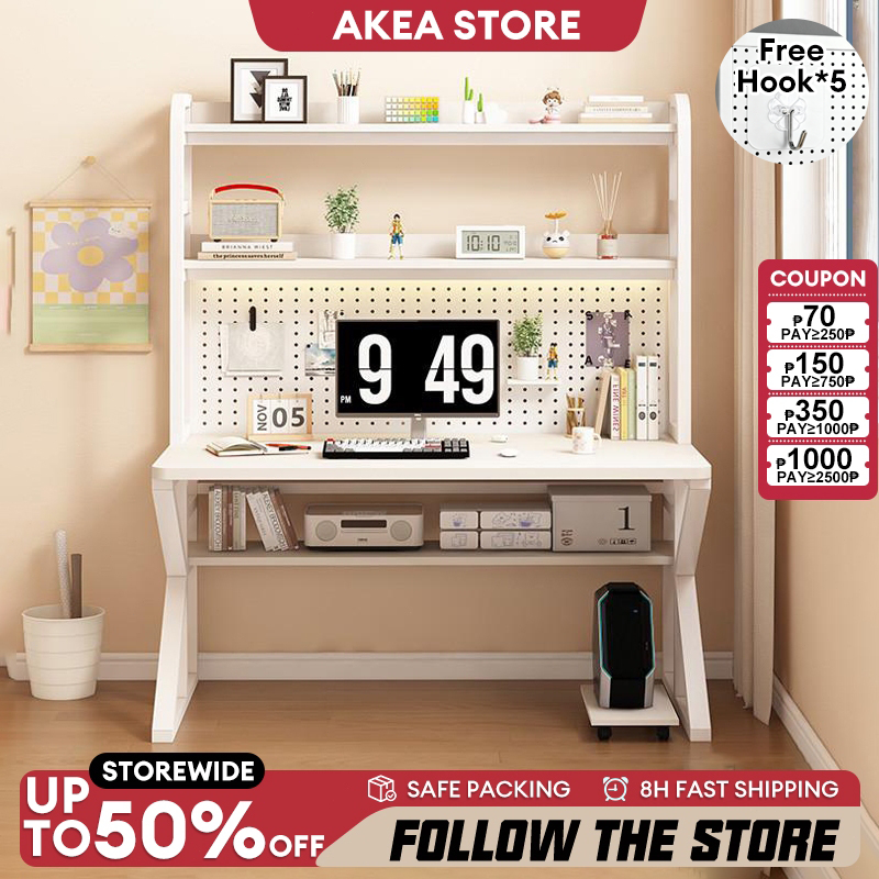 【3 Color】Study Table With Bookshelf Double Layer Writing Desk Computer ...