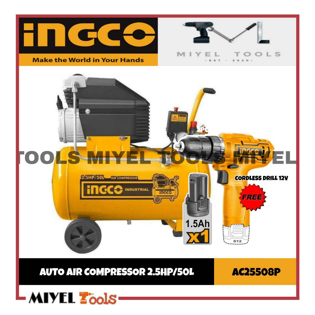 INGCO Air Compressor 2.5HP/50L AC25508P with FREE INGCO Cordless Drill ...