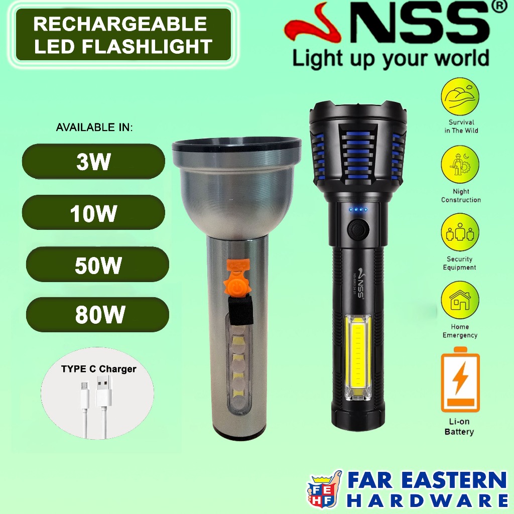 NSS Rechargeable LED Flashlight with USB Charger 3W | 10W | 80W ...