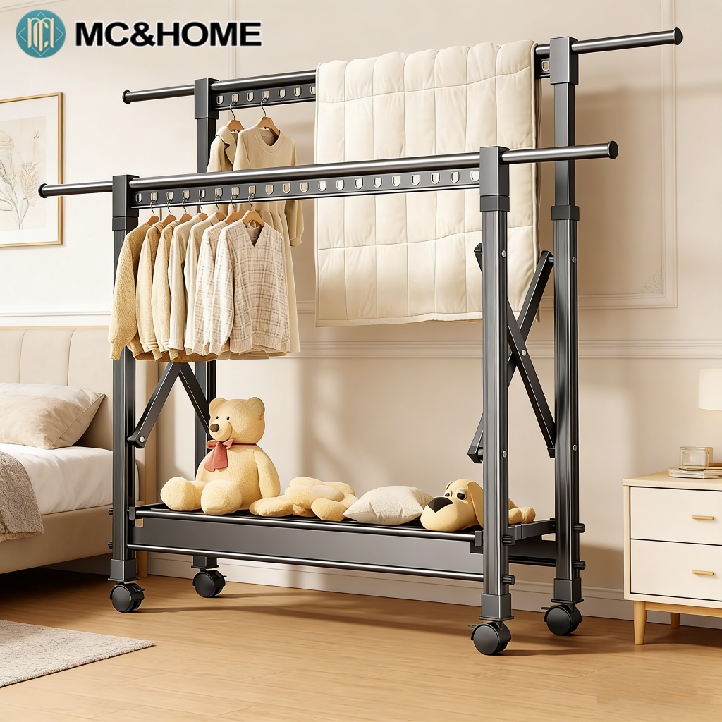 MC&HOME Heavy Duty Movable Clothes Drying Rack with Wheels Telescopic ...
