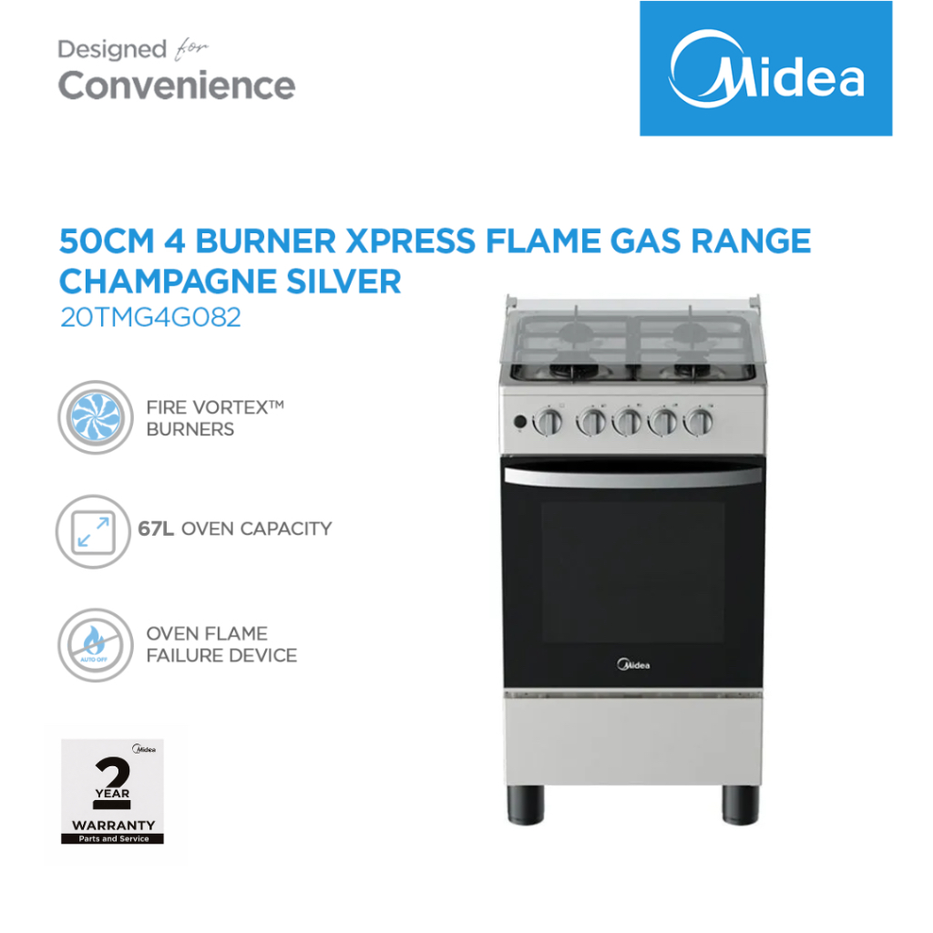 Midea 50cm Gas Burners Range Champagne Silver Xpress Flame Burners 67L ...