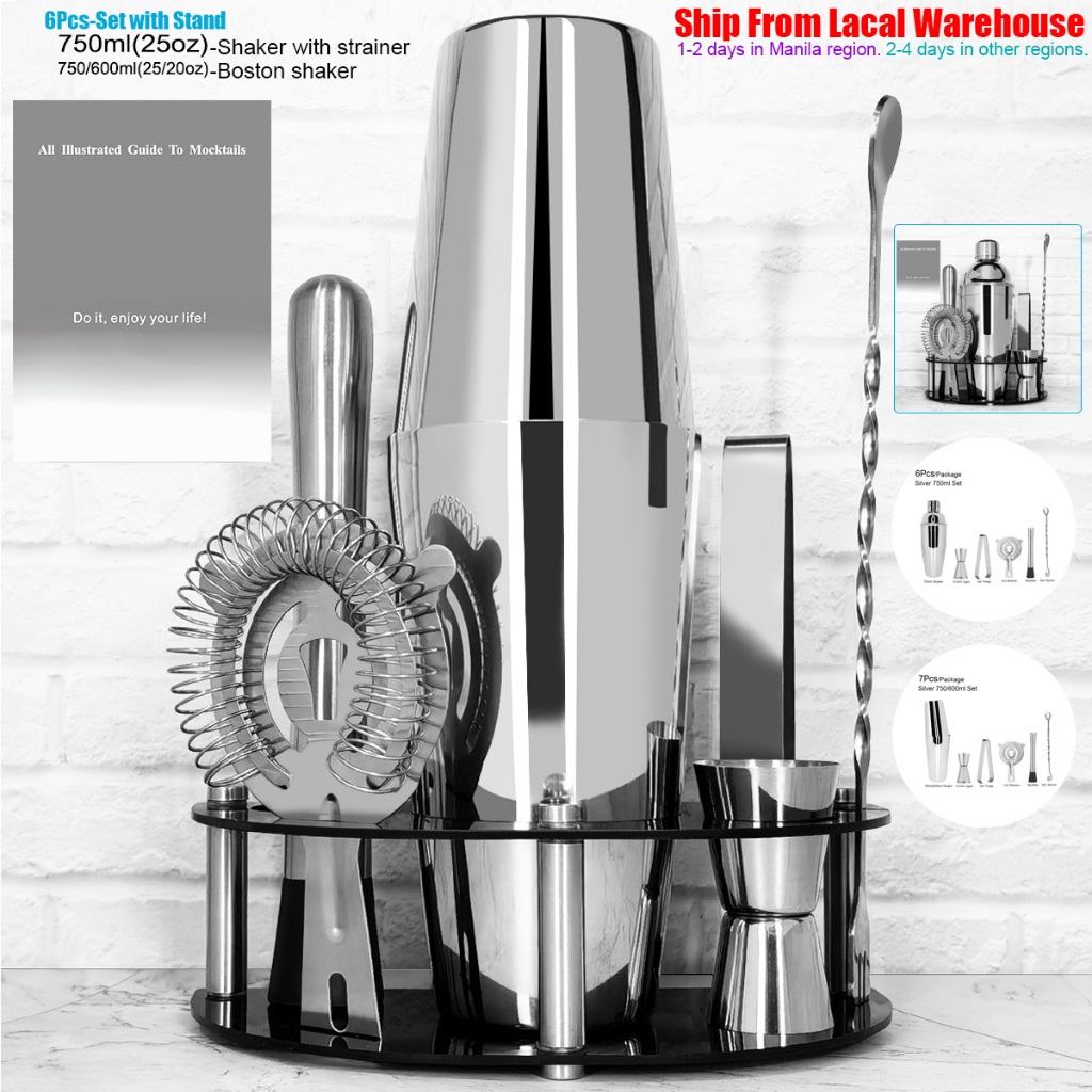 [Ship Local] 7Pcs Boston Cocktail Shaker Stand Recipe, Bar Tools ...