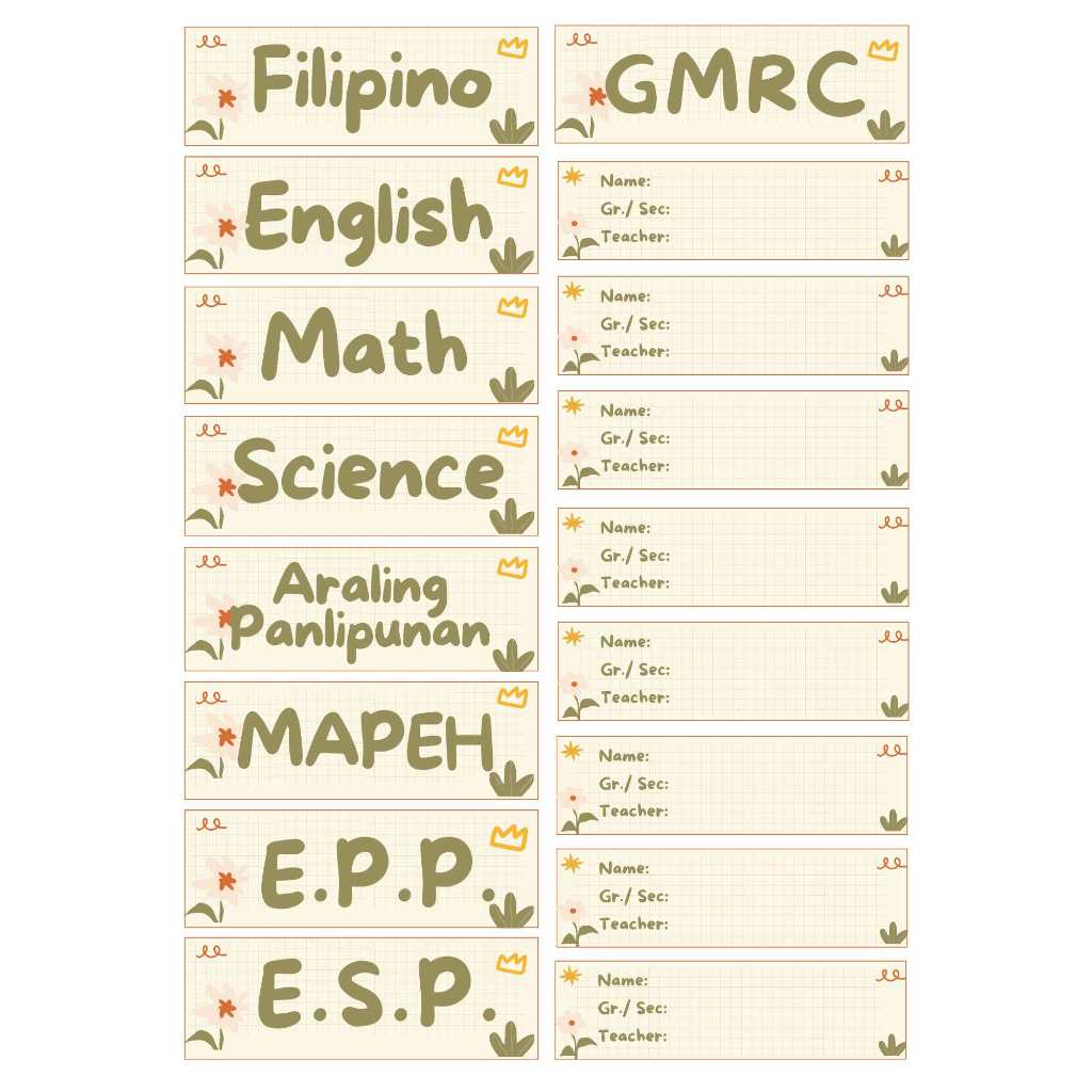 GRADE 4-5 AESTHETIC SUBJECT AND BLANK NAME LABEL STICKERS (EPP, ESP ...