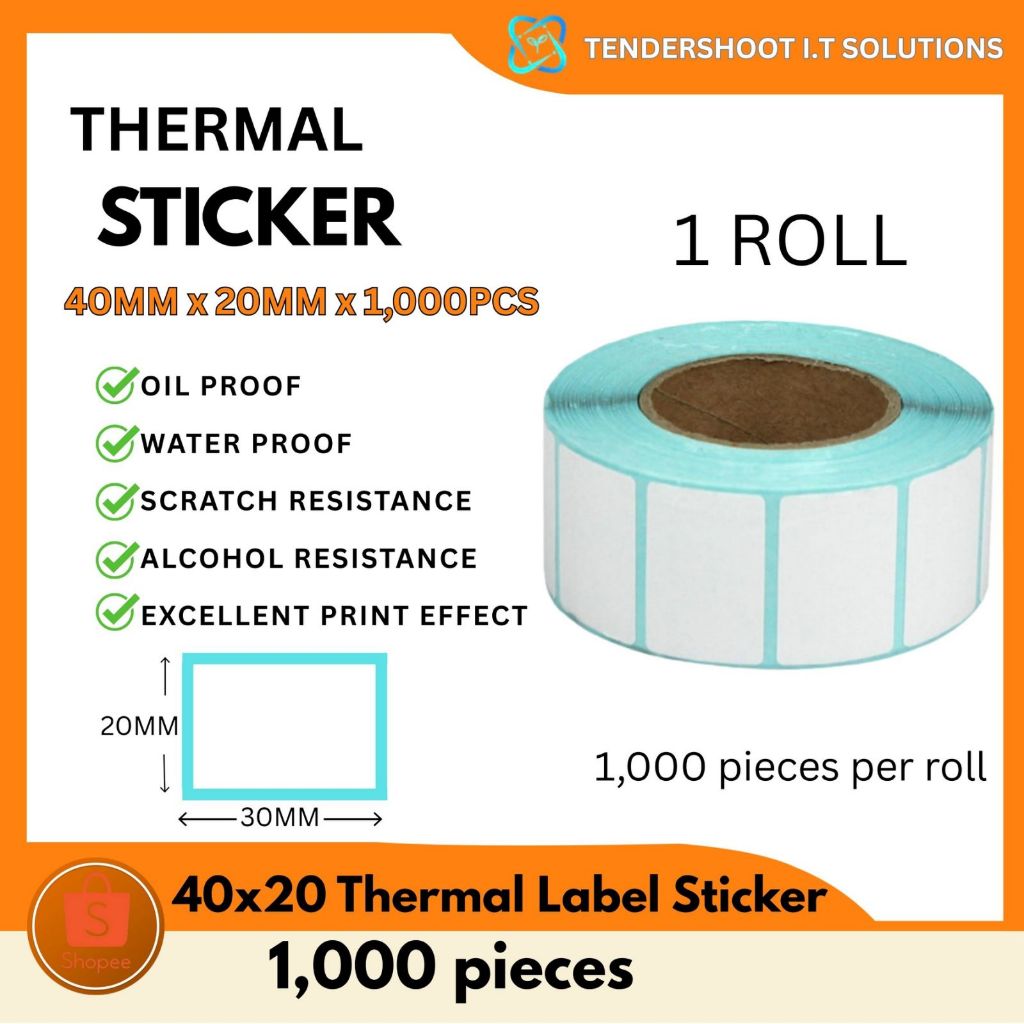 1 ROLL 40X20X1000pcs Thermal Sticker 40mm x 20mm x 1000pcs | Shopee ...