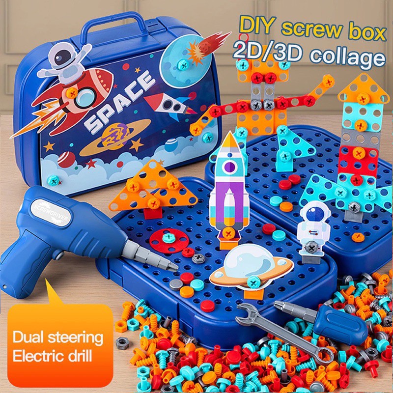 3D Drill Tool Kit DIY Toy Electric Drill Tool Box Set Screw Assemble ...