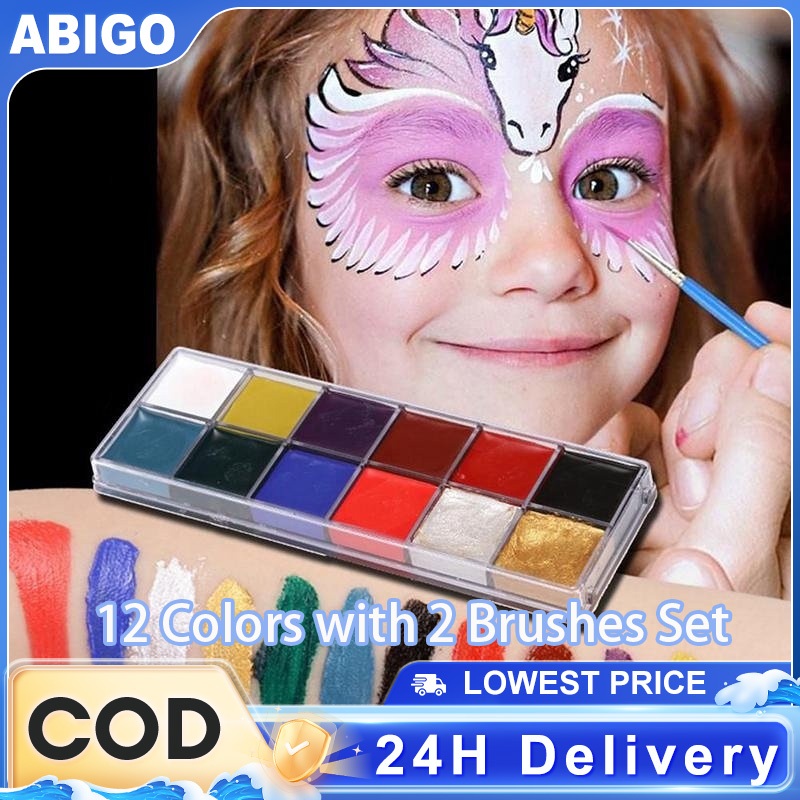 Face Paint 12 Colors with 2 Brushes Set Professional Safe Face paint ...