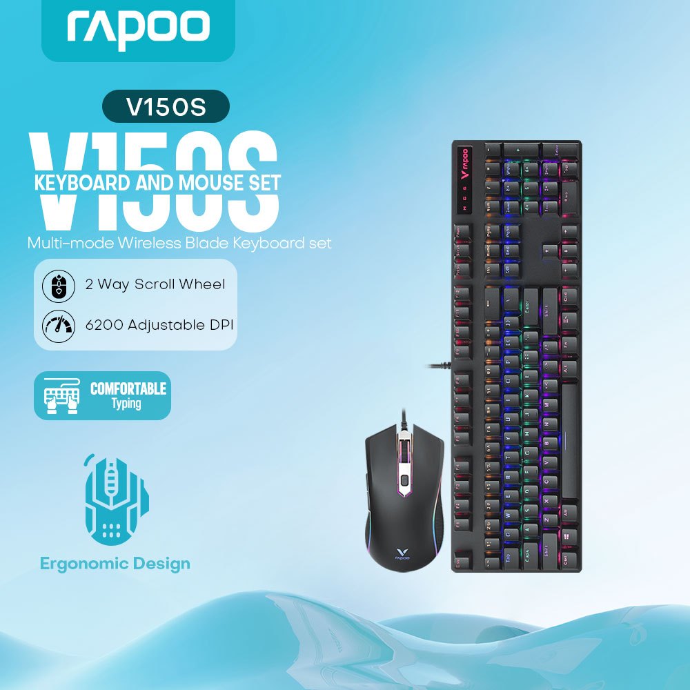 Rapoo V150S Backlit Gaming Keyboard & Optical Gaming Mouse US - Black ...