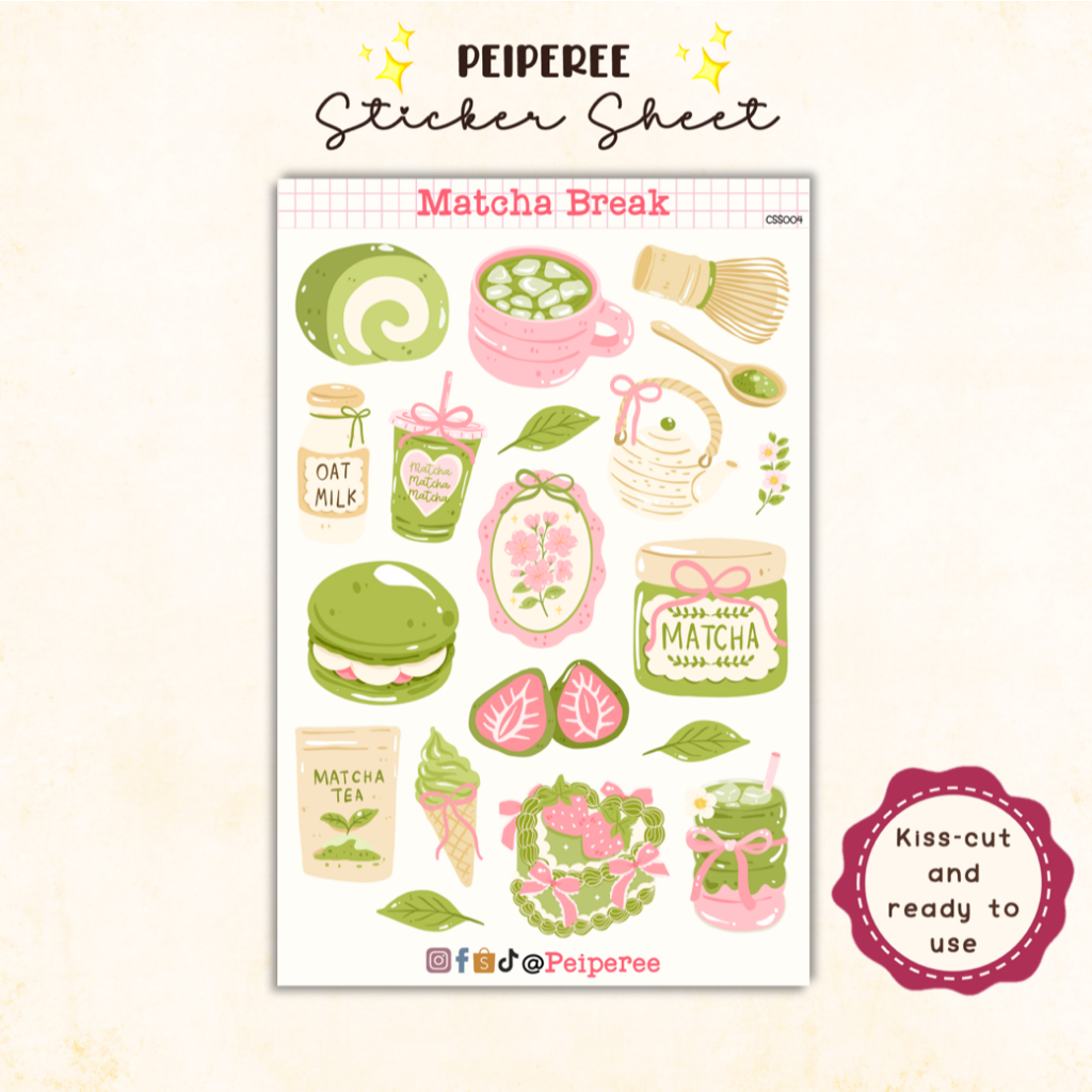Matcha Break Sticker Sheet, Vinyl Waterproof Sticker, Coquette Sticker ...