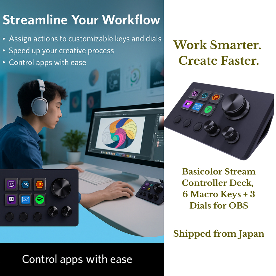 Basicolor Stream Controller Deck, 6 Macro Keys + 3 Dials for OBS ...