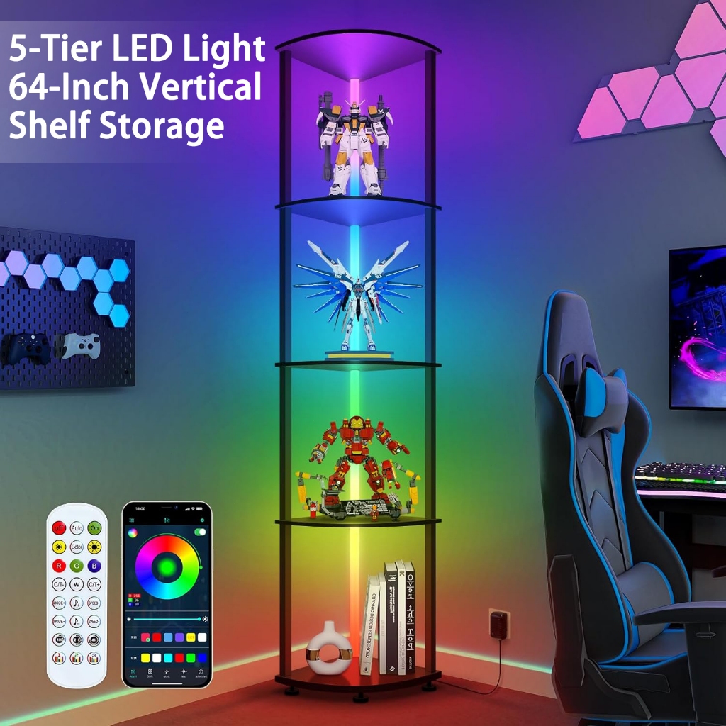 64inch 5tier storage and display shelf withLED lights floor standing ...