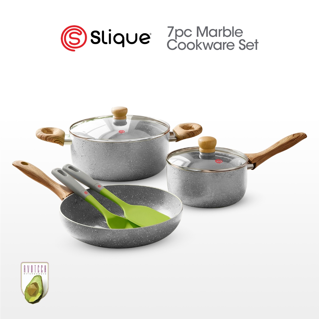 SLIQUE Avotech Marble Non-Stick Cookware Set – Fry Pan, Saucepan ...