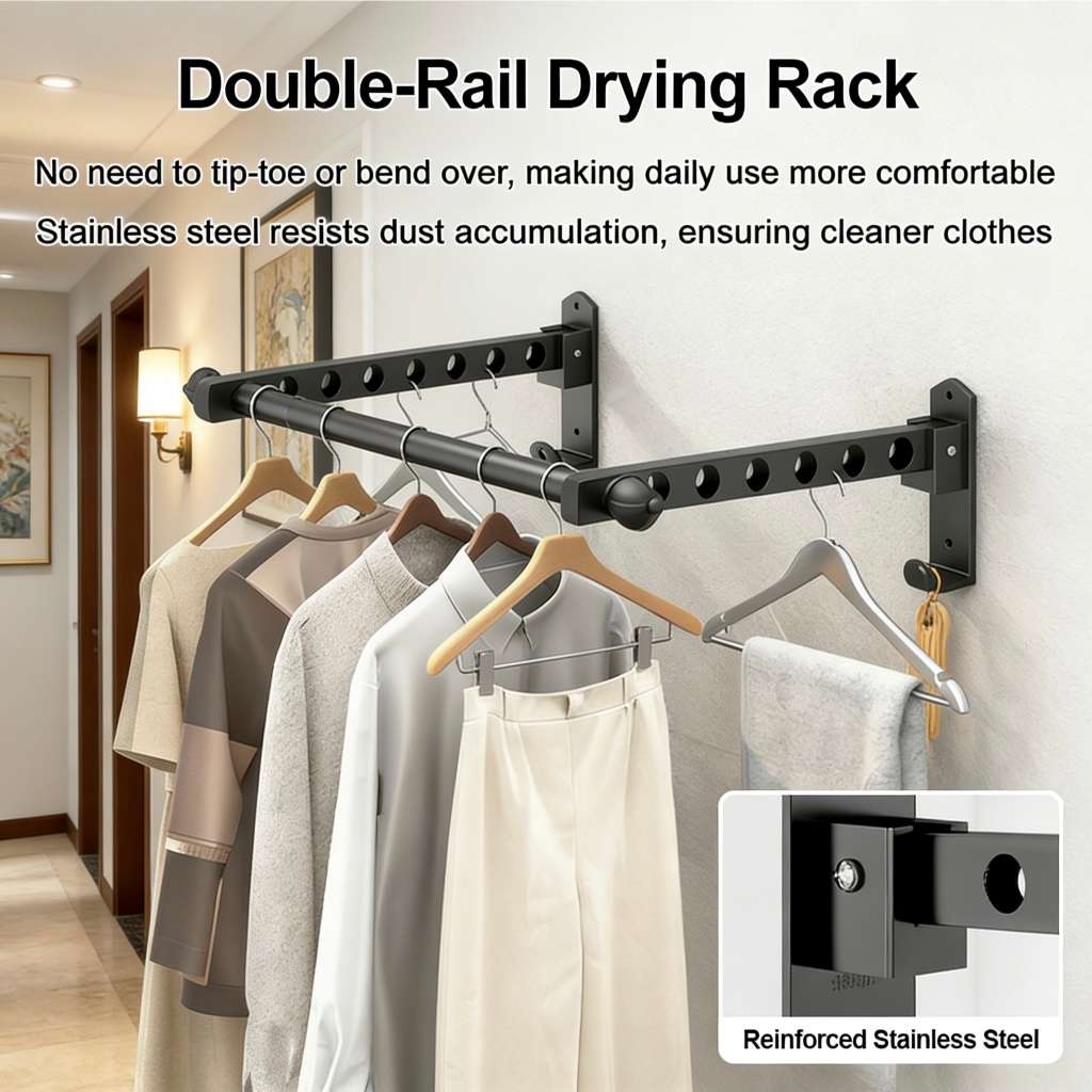Clothes Hanging Rack Wall Mounted Rod Clothes Hanger Foldable Stainless ...