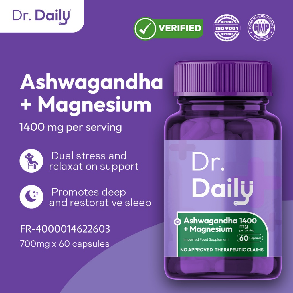 Dr Daily Magnesium Glycinate 200mg + Ashwagandha 500mg Food Supplement ...